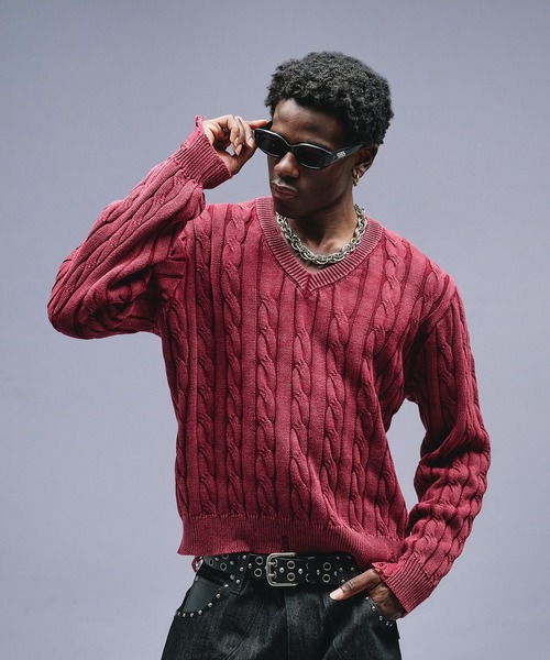 ANDER HUNK セーター ニット Faded Cable V-neck Knit / フェード