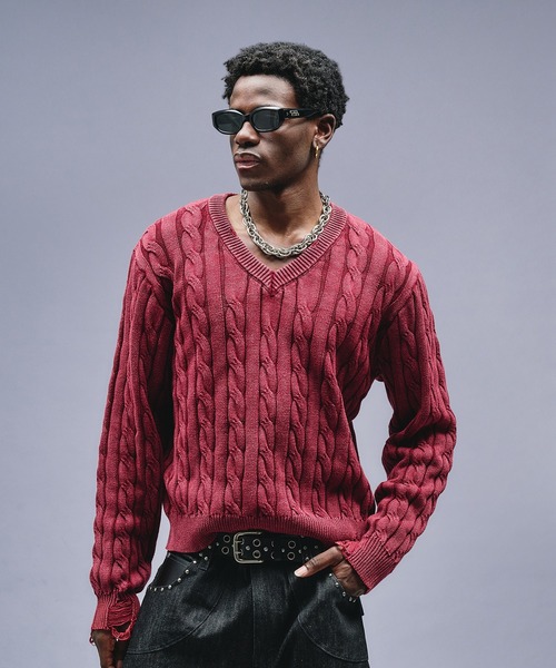 ANDER HUNK セーター ニット Faded Cable V-neck Knit / フェード