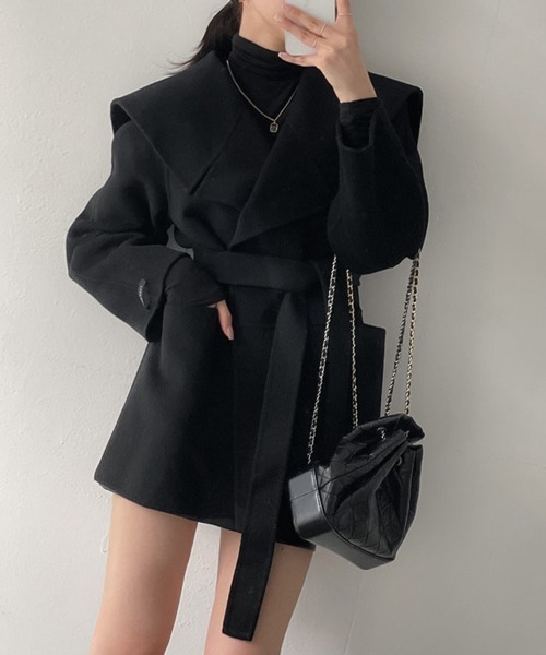 コート アウター ワイドラペル×ベルト付きロングコート レディース