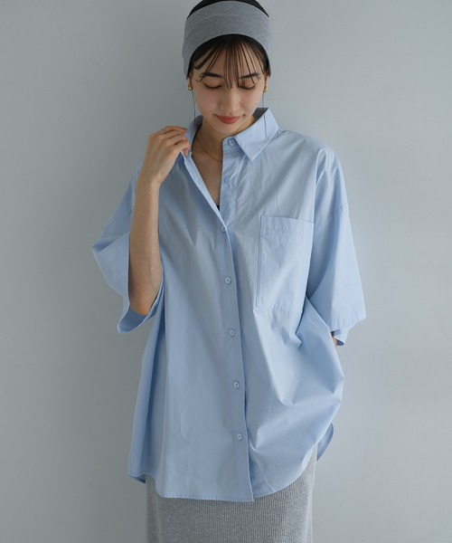 evernavy ブラウス シャツ コットンオーバーサイズ半袖シャツブラウス