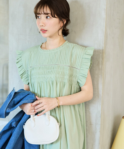 ワンピース 限定展開　インド ピンタック フリル ノースリーブ ワンピースの画像