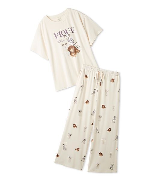 パジャマ ルームウェア 「ONLINE限定」ファッションCATS＆DOGS ワンポイントTシャツ＆ロングパンツセット レディースの画像