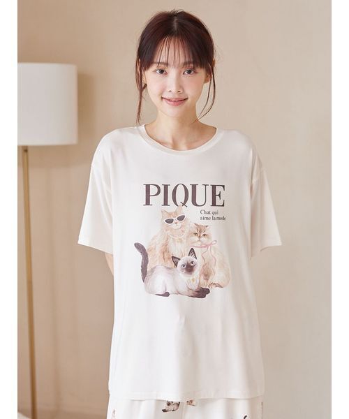パジャマ ルームウェア 「ONLINE限定」ファッションCATS＆DOGS ワンポイントTシャツ＆ロングパンツセット レディースの画像