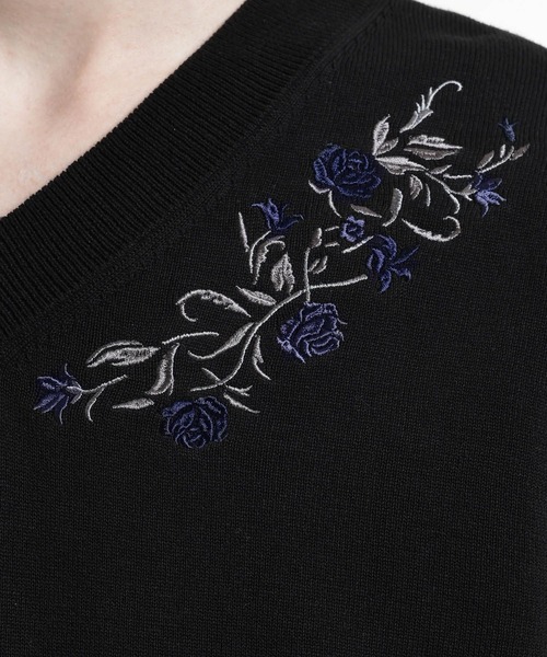 HARE 刺繍 ベスト ブラック HARE（ハレ） ベスト ジレ フラワーシシュウVニットベスト(HARE