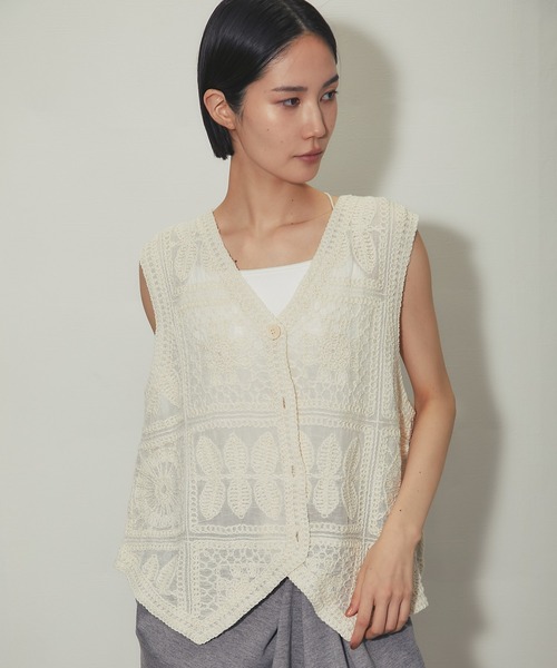 ✨美品✨45R ギマニット ペイズリー柄 ベスト コットン 洗える 春夏 SMILE ORCHID（スマイルオーキッド） ベスト ジレ クロシェ編みベスト