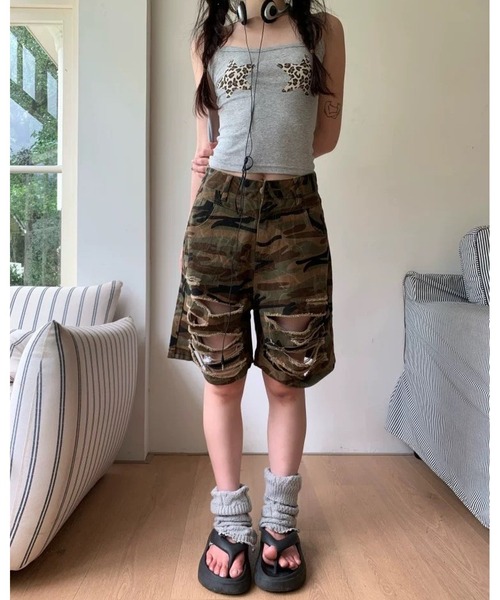 inst.ALL ワイドパンツ ハーフパンツ パンツ 短パン 迷彩柄ダメージ