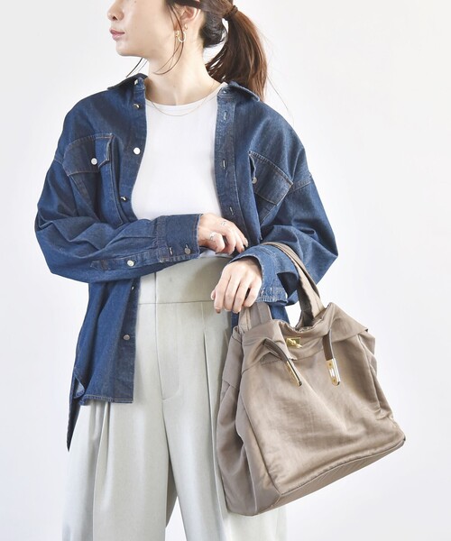 ブラウス シャツ quaranciel:「洗濯機可能」オーバー サイズ デニム シャツ レディース