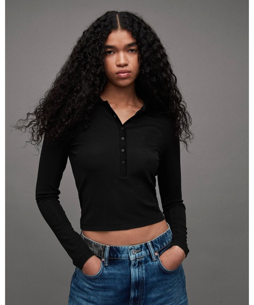 ポロシャツ ポロ HALLIE LONG SLEEVE RIBBED POLO T-SHIRT | HALLIE 長袖 リブ ポロ Tシャツ レディー