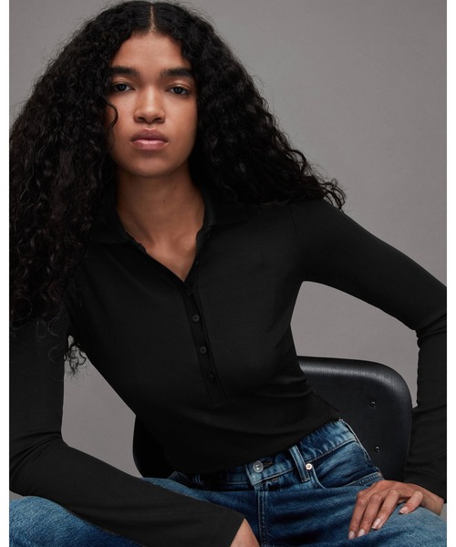 ポロシャツ ポロ HALLIE LONG SLEEVE RIBBED POLO T-SHIRT | HALLIE 長袖 リブ ポロ Tシャツ レディー ALLSAINTS ポロシャツ ポロ HALLIE LONG SLEEVE RIBBED POLO T