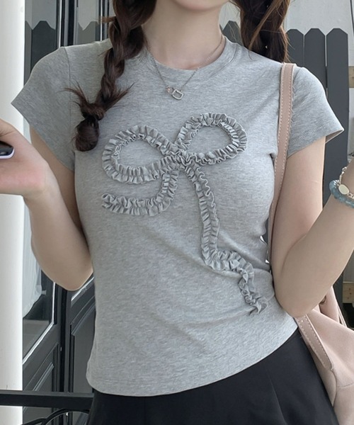 tシャツ レース付きミニリボンスクエアネックプルオーバー レディース tシャツ レース付きミニリボンスクエアネックプルオーバー