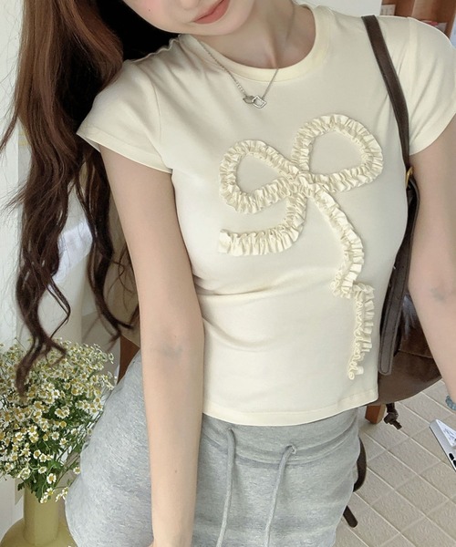tシャツ ギャザーネック後ろリボンTシャツ-手洗い可- レディース tシャツ ギャザーリボンミニTシャツ レディース : ZOZOTOWN