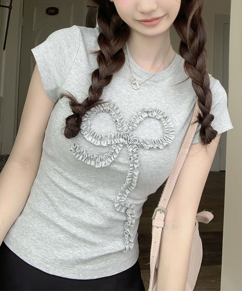 tシャツ ギャザーリボンワンピース レディース ワンオフショルダーギャザーリボン長袖Tシャツ (3color