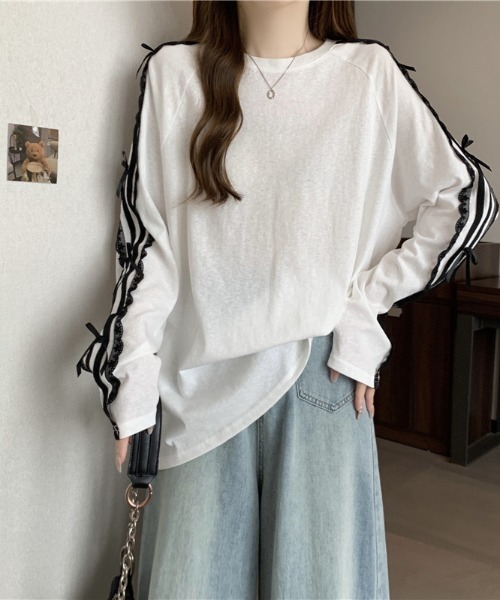 N.s tシャツ 袖ラインレースドッキングカットソー レディース