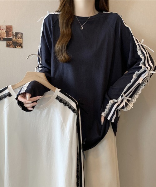 N.s tシャツ 袖ラインレースドッキングカットソー レディース
