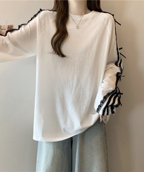 N.s tシャツ 袖ラインレースドッキングカットソー レディース