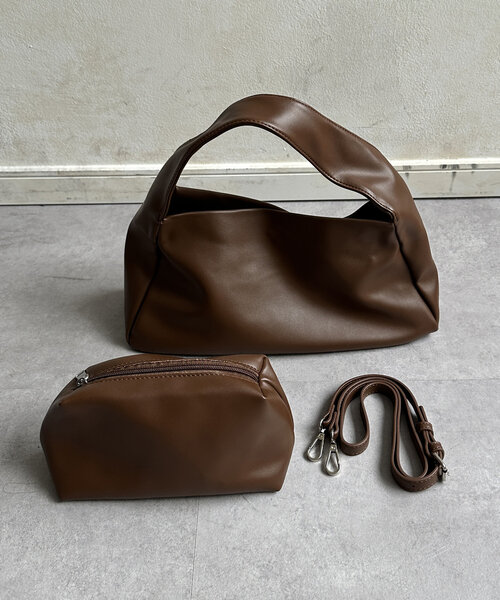 kina◎黒◎ワンハンドルバッグ◎ポンポン Thevon ボストンバッグ ポーチ付きワンハンドル2WAYバッグ