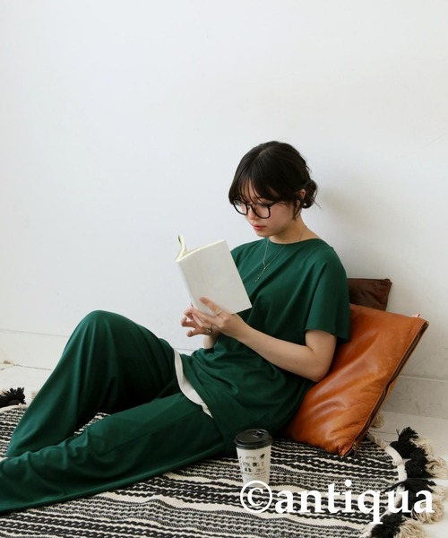 tシャツ コーデセット シアートップス×テーパードパンツ レディース antiqua tシャツ コーデセット フレンチスリーブトップス