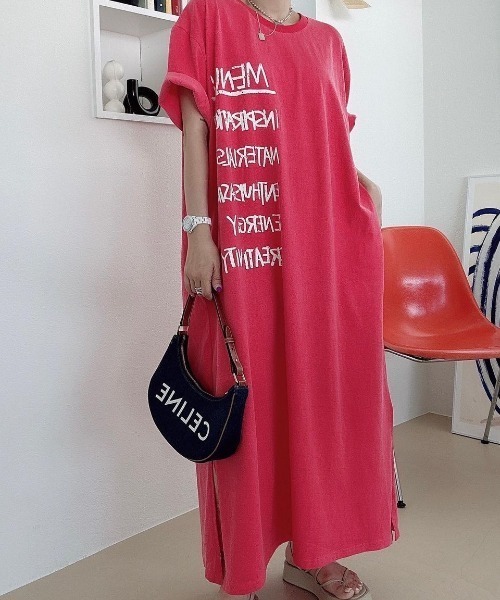 tシャツ プリントスリットクルーネックロングワンピース レディース