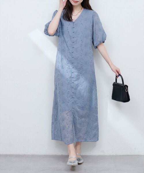 natural couture ワンピース 「WEB限定」お花刺繍フロント釦V