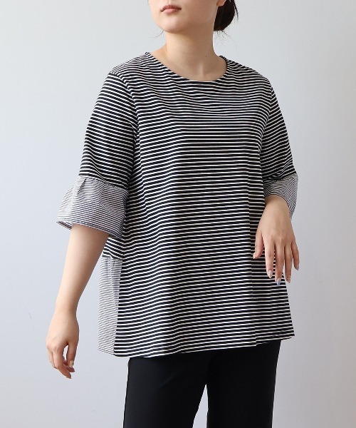 tシャツ 「L〜5L 大きいサイズ」異素材切替えボーダープルオーバー 半袖 カットソー 春夏 レディース