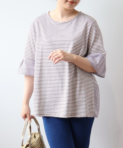 tシャツ 「L〜5L 大きいサイズ」異素材切替えボーダープルオーバー 半袖 カットソー 春夏 レディース