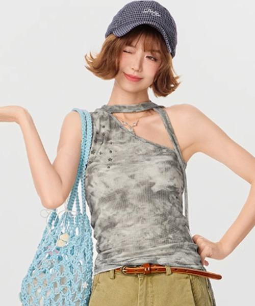 tシャツ タイダイ柄 ロングタイ付き ワンショルダートップス GH25s100「Girlyhalo」 レディース
