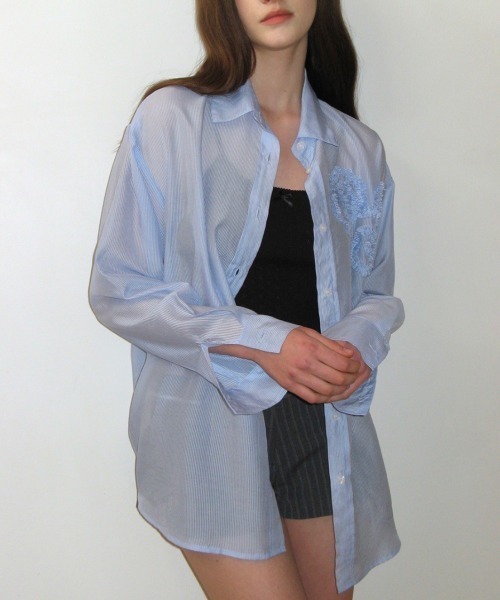 ブラウス シャツ 「CRANK」FLOWER STRIPED SHEER SHIRT レディース