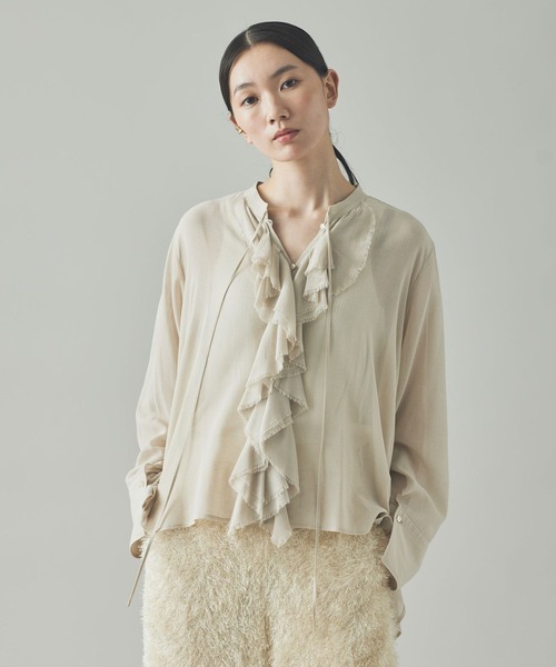 2025AWカレンソロジー★ウールミックスボイルフリルブラウス　グレー Curensology（カレンソロジー） ブラウス シャツ /ウールミックス