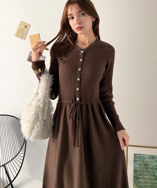 黒 リブ編み 長袖ニット ウエストリボン付き classicalelf（クラシカルエルフ） ワンピース 一枚で上品なラク可愛い