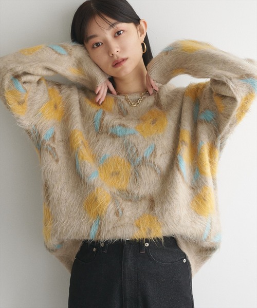 natural couture ニット セーター 花柄ジャガードシャギーニットプル