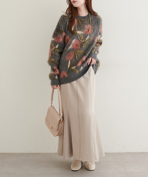 natural couture ニット セーター 花柄ジャガードシャギーニットプル