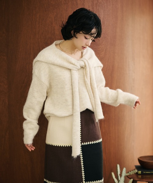 マルティニーク ニット セーター ウール アイボリー 開襟 Vネック 長袖 ニット セーター v neck knit pullover shawl set /Vネックショール