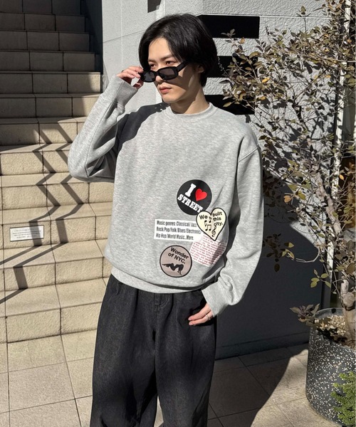 トレーナー スウェット 裏起毛ワッペンデザイントップス メンズ