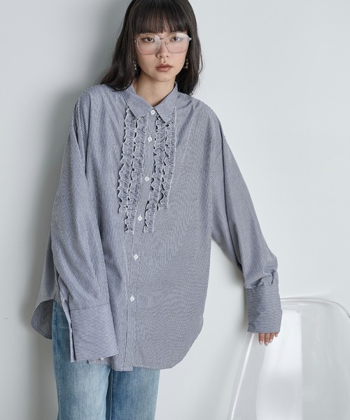 THE Yon ブラウス シャツ フリルアクセントロングカフストライプシャツ
