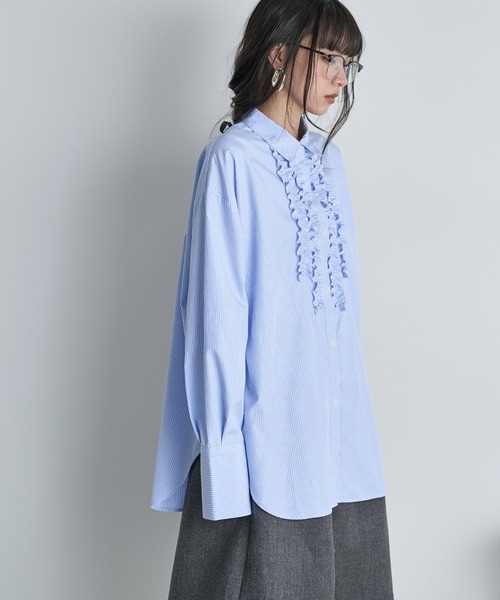 THE Yon ブラウス シャツ フリルアクセントロングカフストライプシャツ