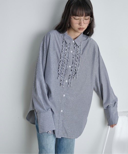 yori☆2025ss フリルストライプシャツ36 yori 2024aw ミニフリル