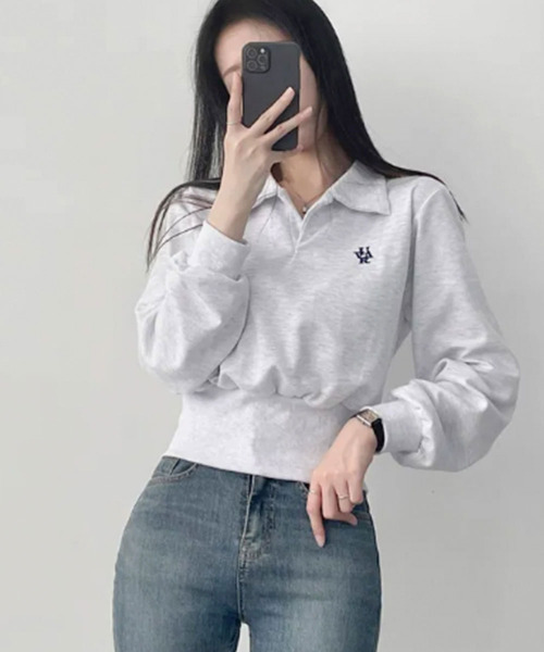 トレーナー スウェット Vネック 襟付き ショート丈 レディース