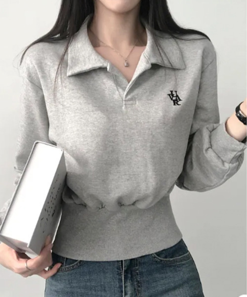 トレーナー スウェット Vネック 襟付き ショート丈 レディース