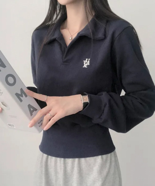 トレーナー スウェット Vネック 襟付き ショート丈 レディース
