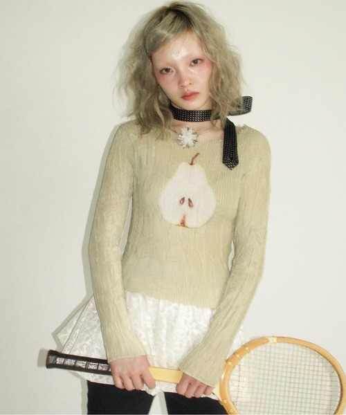 musubore（ムスボレ） tシャツ pleatsed print sheer tops / プリーツ