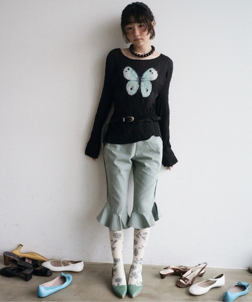 musubore（ムスボレ） tシャツ pleatsed print sheer tops / プリーツ