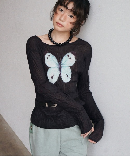 musubore（ムスボレ） tシャツ pleatsed print sheer tops / プリーツ