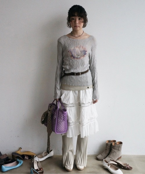 musubore（ムスボレ） tシャツ pleatsed print sheer tops / プリーツ