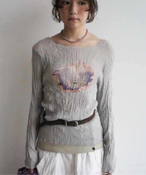 musubore（ムスボレ） tシャツ pleatsed print sheer tops / プリーツ