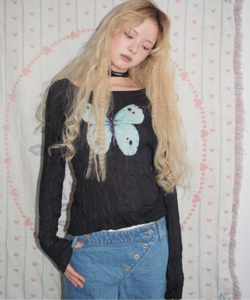 musubore（ムスボレ） tシャツ pleatsed print sheer tops / プリーツ
