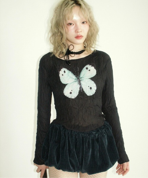 pleatsed print tops プリーツプリントトップス　リボン musubore（ムスボレ） tシャツ pleatsed print sheer tops / プリーツ