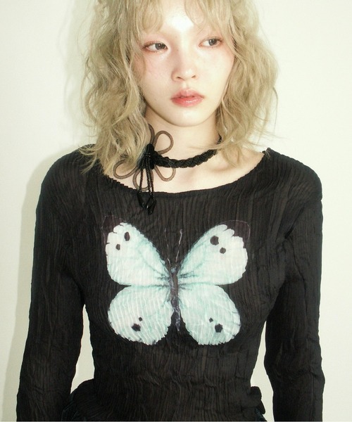 musubore（ムスボレ） tシャツ pleatsed print sheer tops / プリーツ