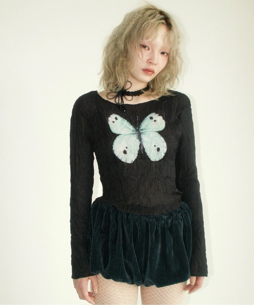 【新品未使用/タグ付き】プリーツプリントトップス musubore musubore（ムスボレ） tシャツ pleatsed print sheer tops / プリーツ