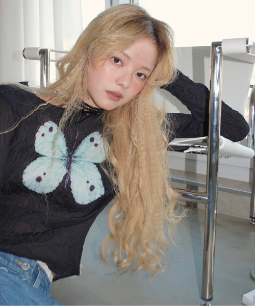 musubore（ムスボレ） tシャツ pleatsed print sheer tops / プリーツ