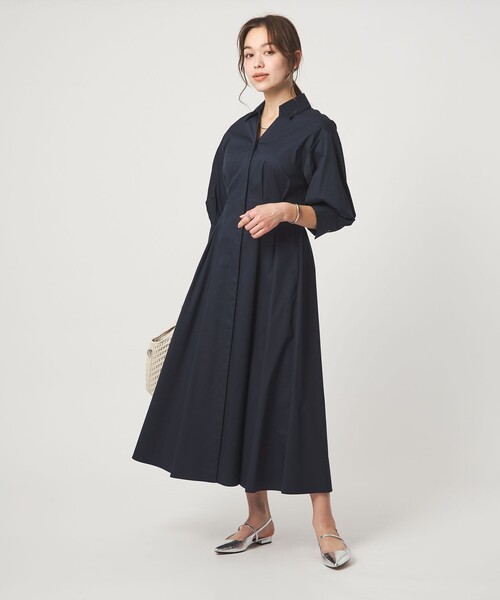 ワンピース シャツ襟 フィット＆フレア タック 5分袖 ワンピースの画像